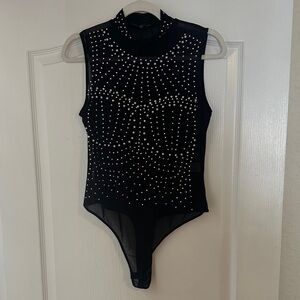 Black Sleeveless Rhinestone Bodysuit